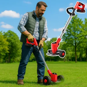 Grästrimmer och kantklippare med hjul med teleskopskaft och batteri